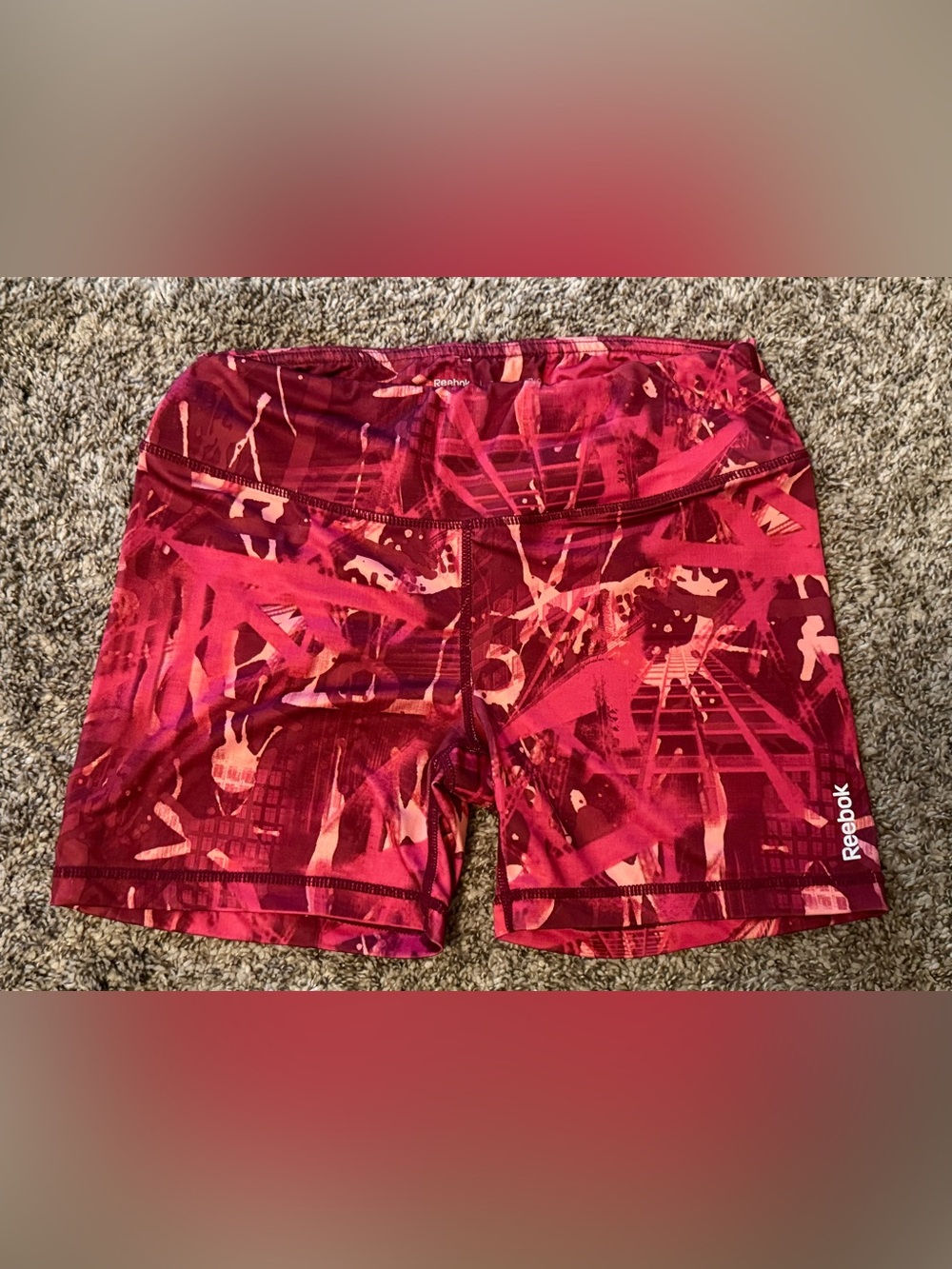 Reebok Women's Red and Pink Abstract Athletic Shorts